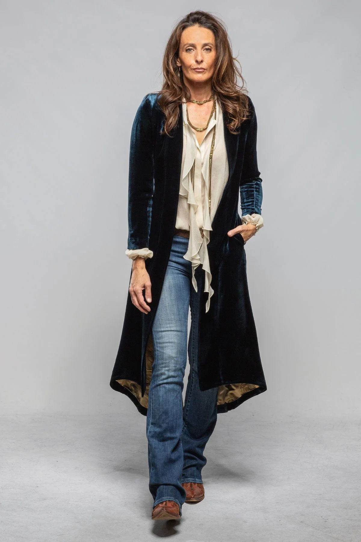 Long Morgana Silk Velvet Coat In Navy Blue