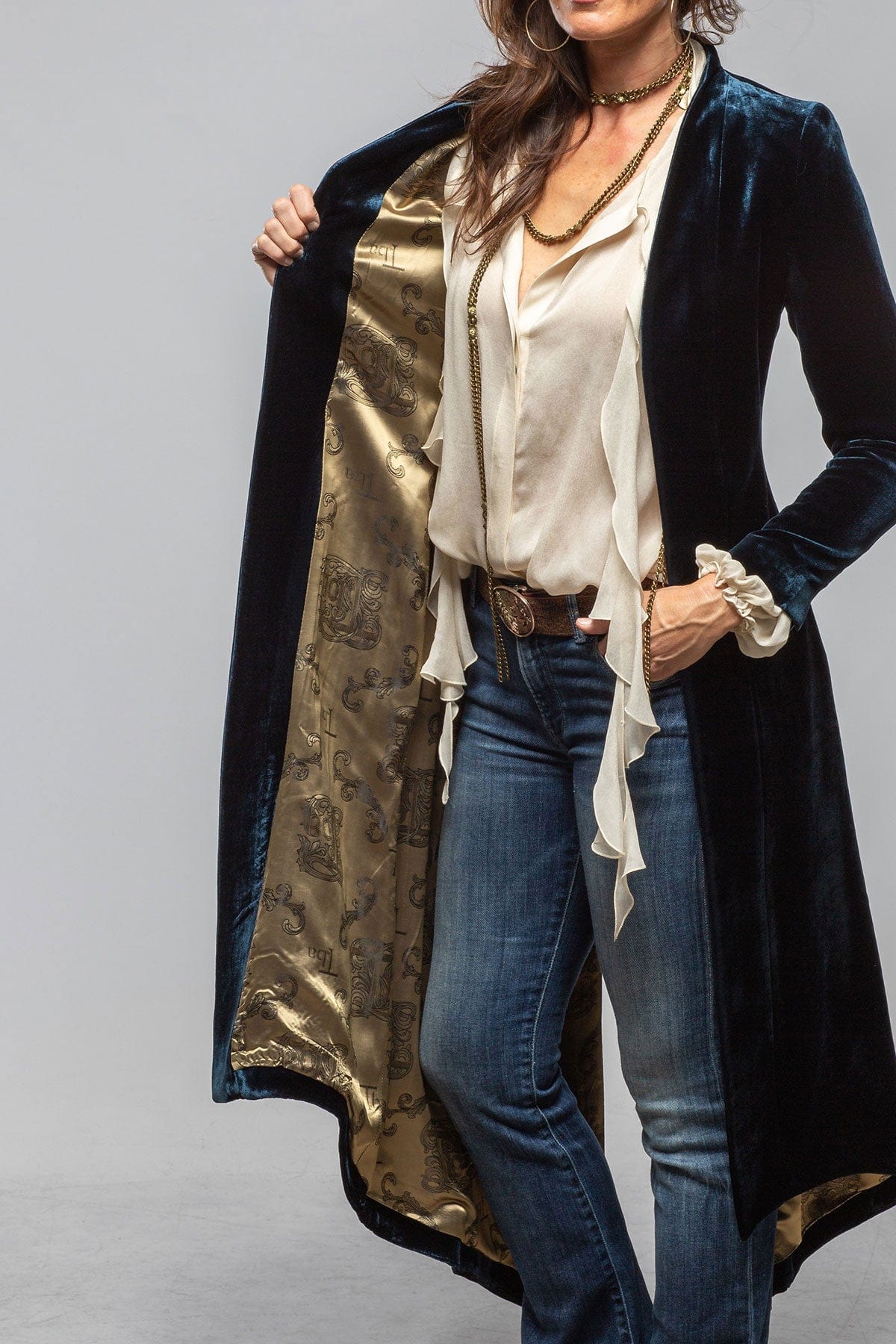 Long Morgana Silk Velvet Coat In Navy Blue - Image 6