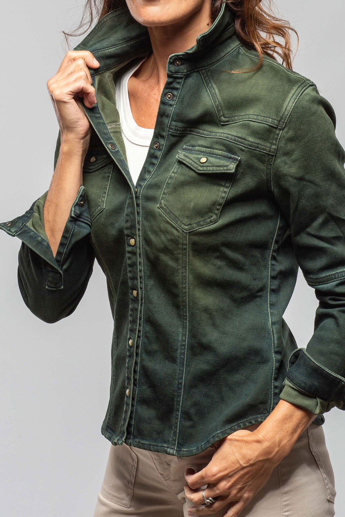 Maddi Fitted Western Snap Shirt In Avocado Over Dye - Image 5