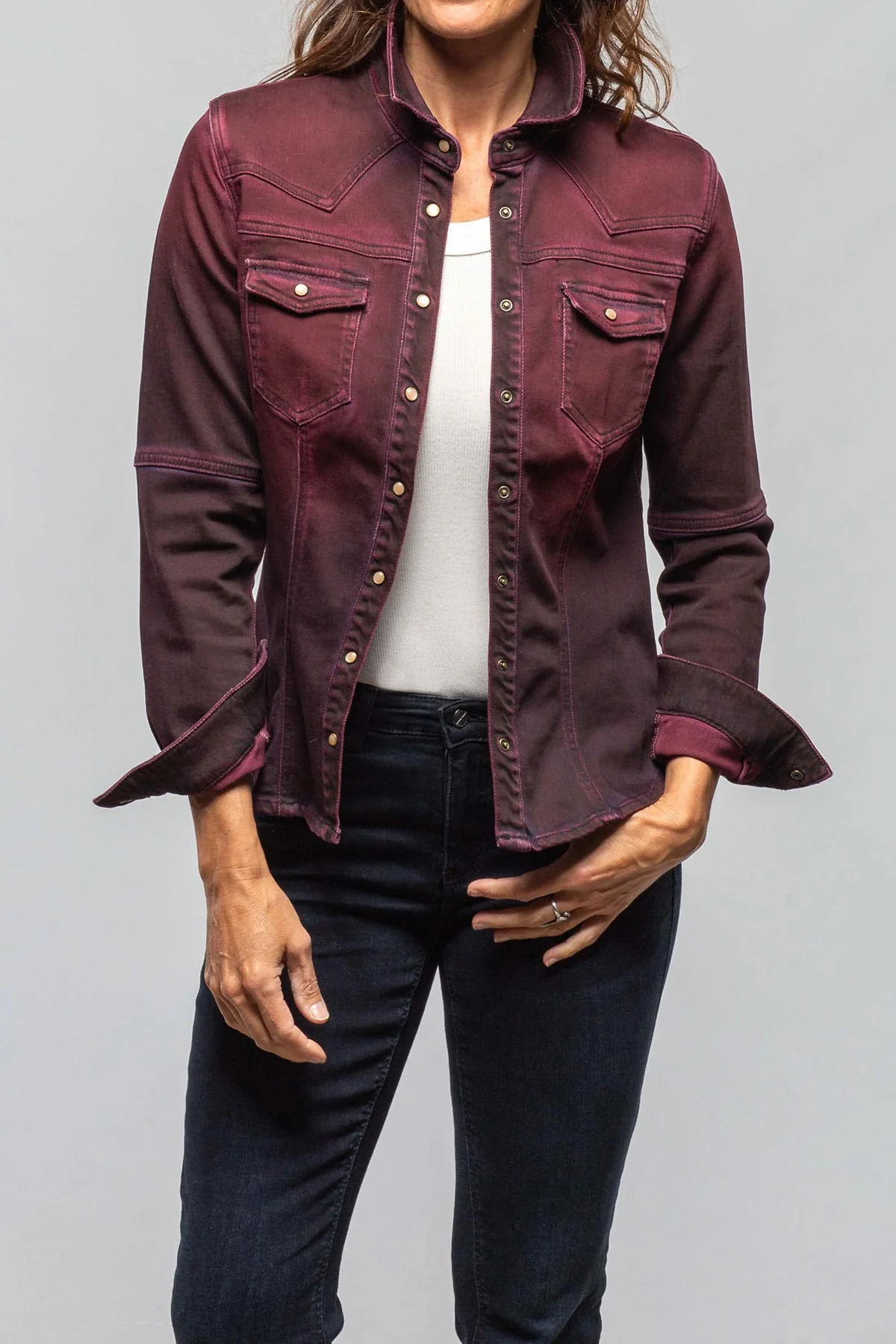 Maddi Fitted Western Snap Shirt In Bordeaux Over Dye - Image 3