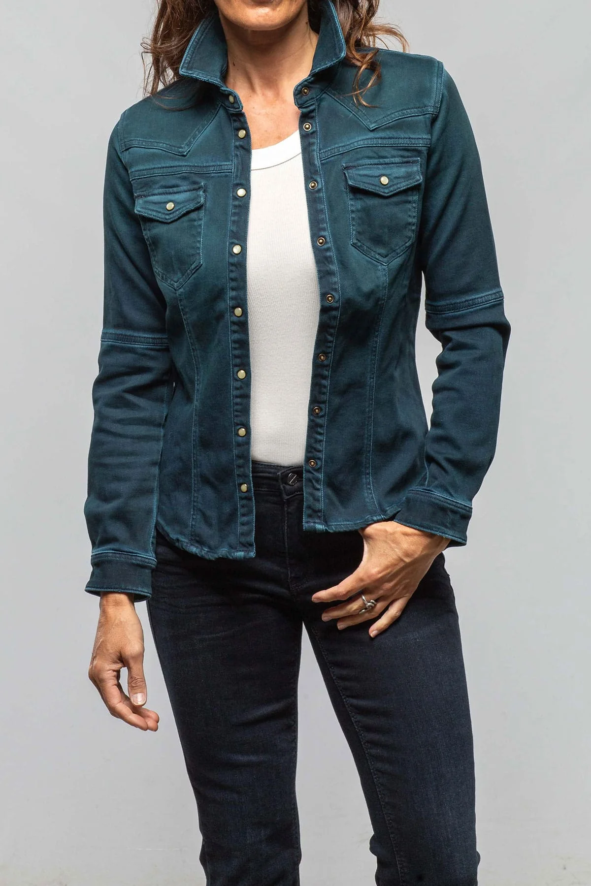 Maddi Fitted Western Snap Shirt In Petrol Over Dye - Image 3