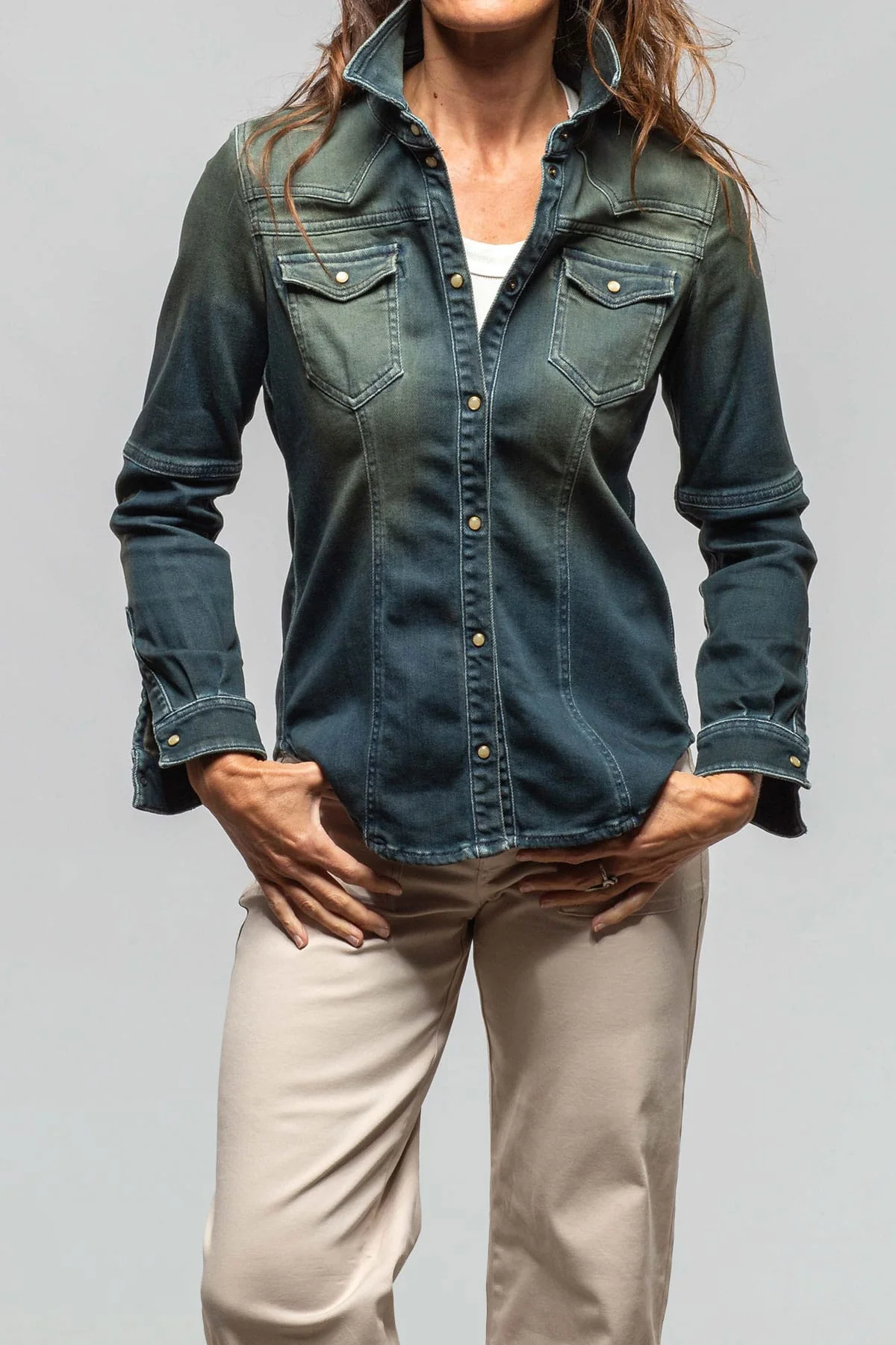 Maddi Western Snap Shirt In Green Over Dye