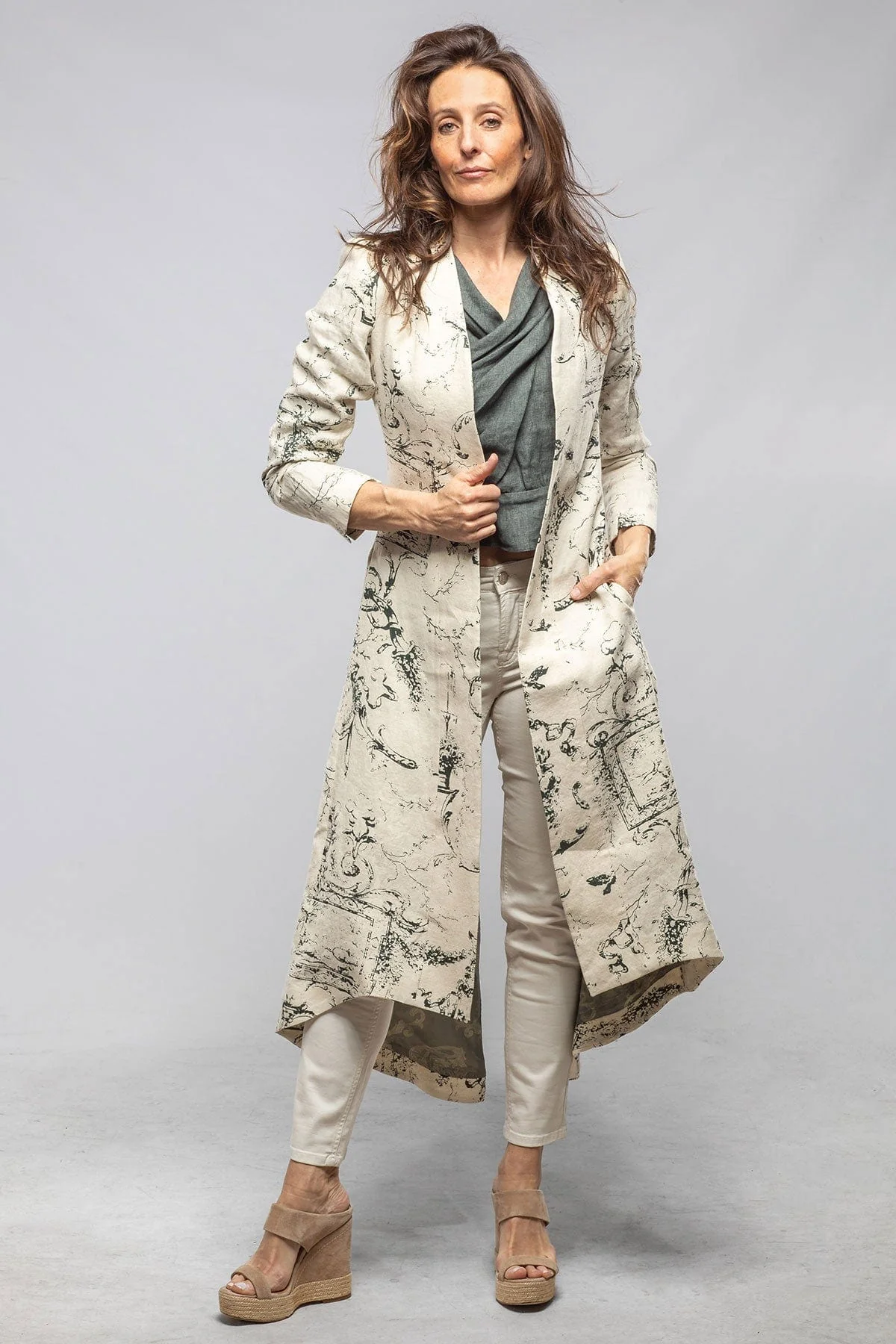 Majorca Long Linen Coat In Beige Toscana Print
