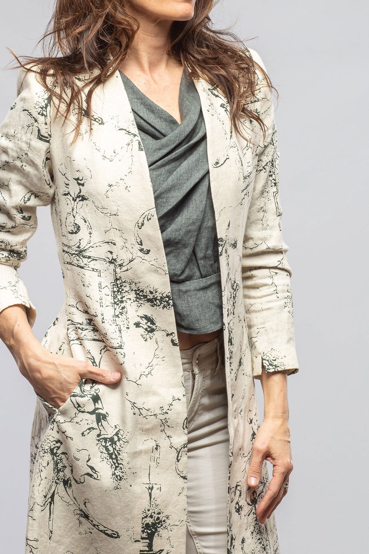Majorca Long Linen Coat In Beige Toscana Print - Image 2