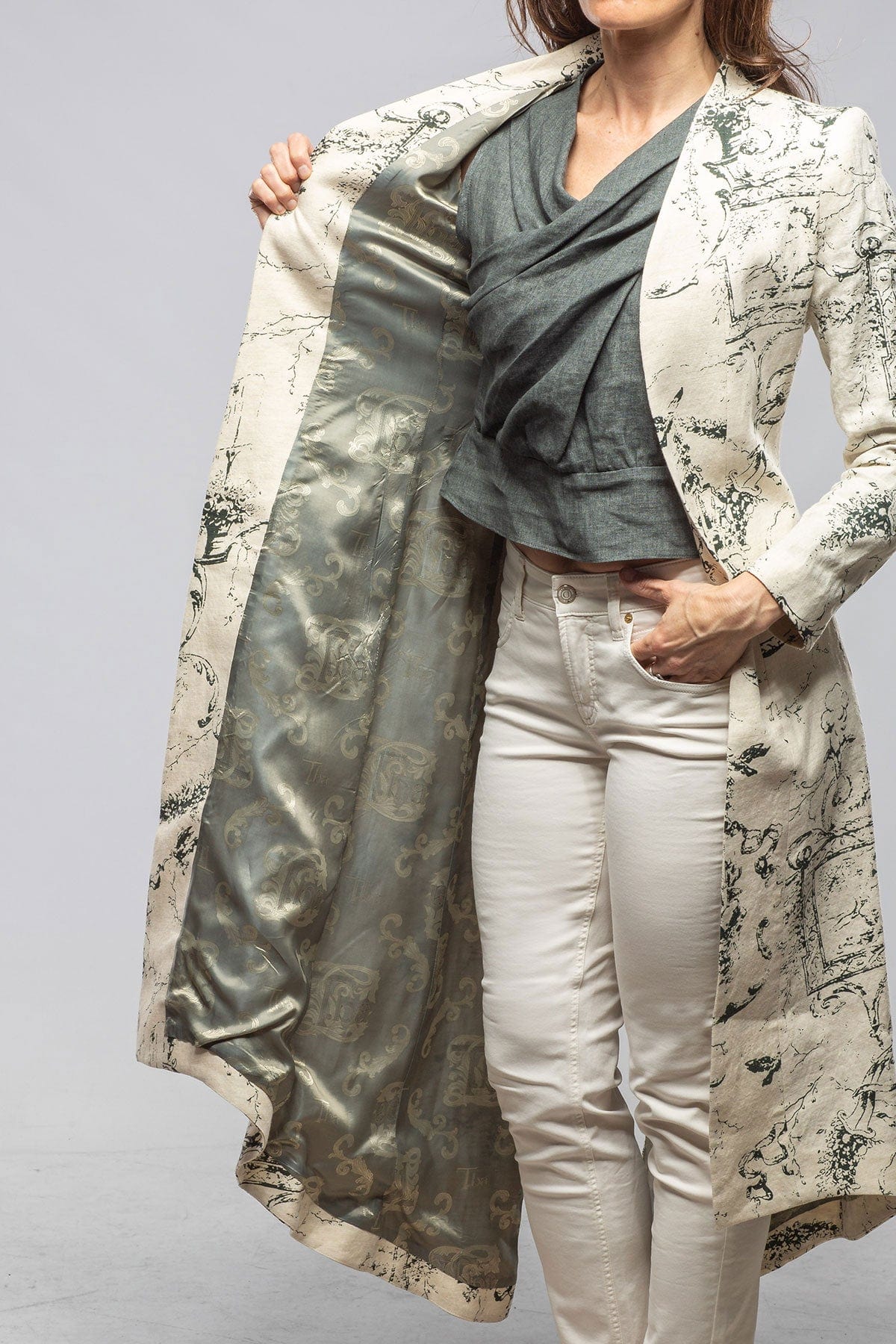 Majorca Long Linen Coat In Beige Toscana Print - Image 3
