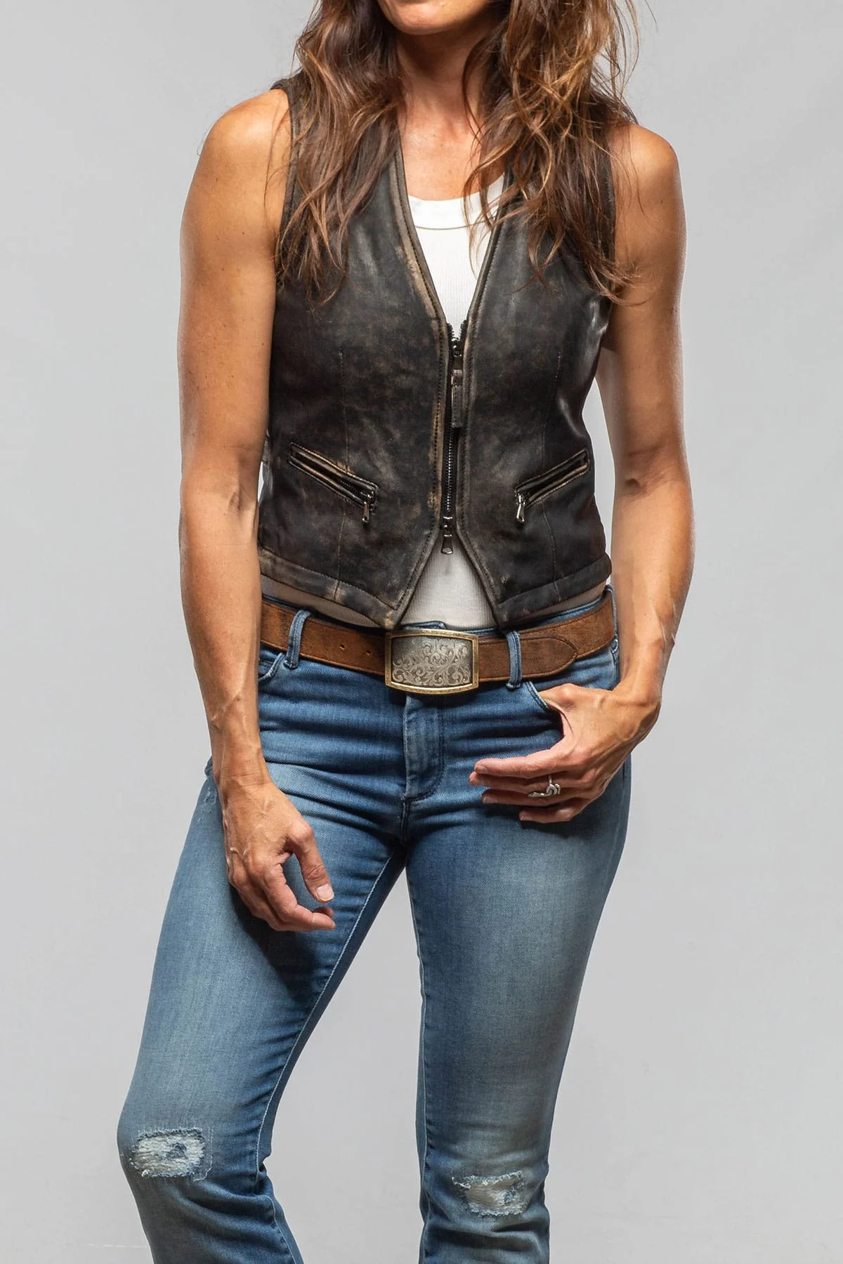 Mavi Leather Zipper Vest In Vintage Black