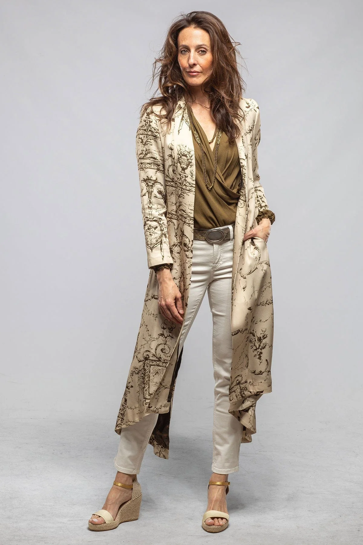 Morgana Long Sharkskin Coat In Beige Toscana Print