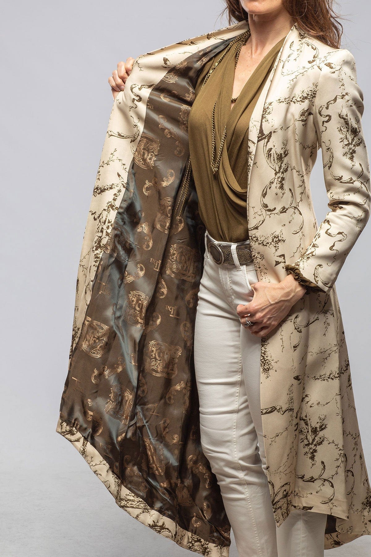 Morgana Long Sharkskin Coat In Beige Toscana Print - Image 3