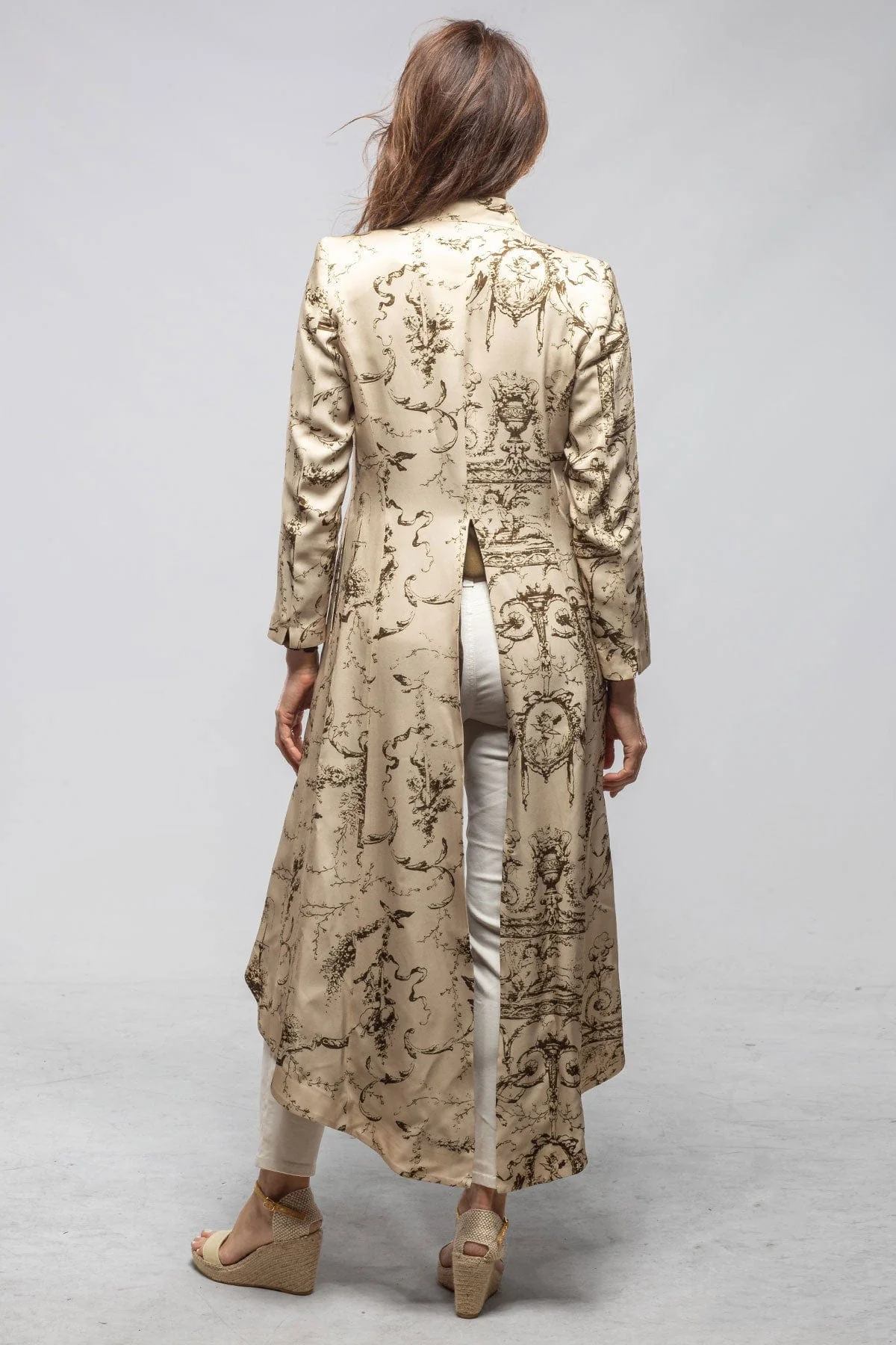 Morgana Long Sharkskin Coat In Beige Toscana Print - Image 5