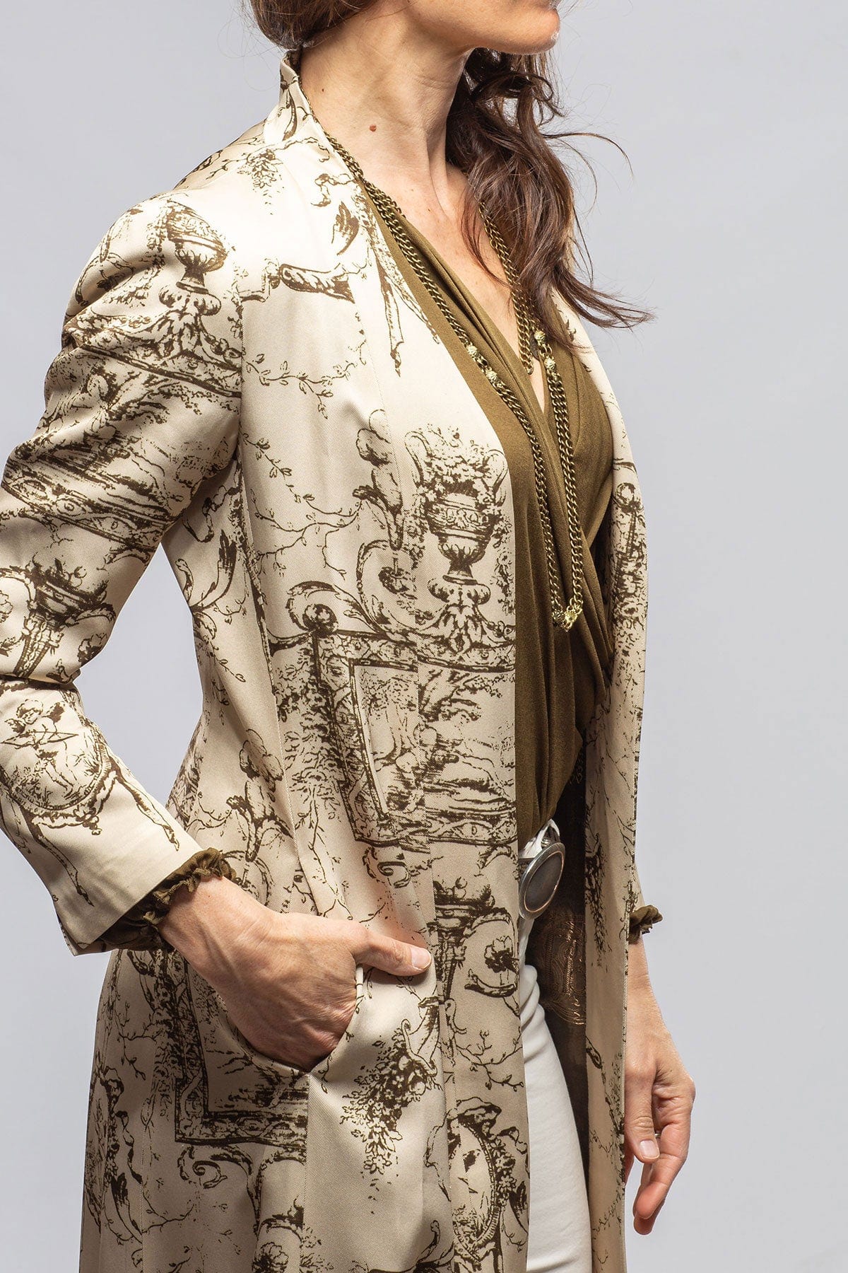 Morgana Long Sharkskin Coat In Beige Toscana Print - Image 6