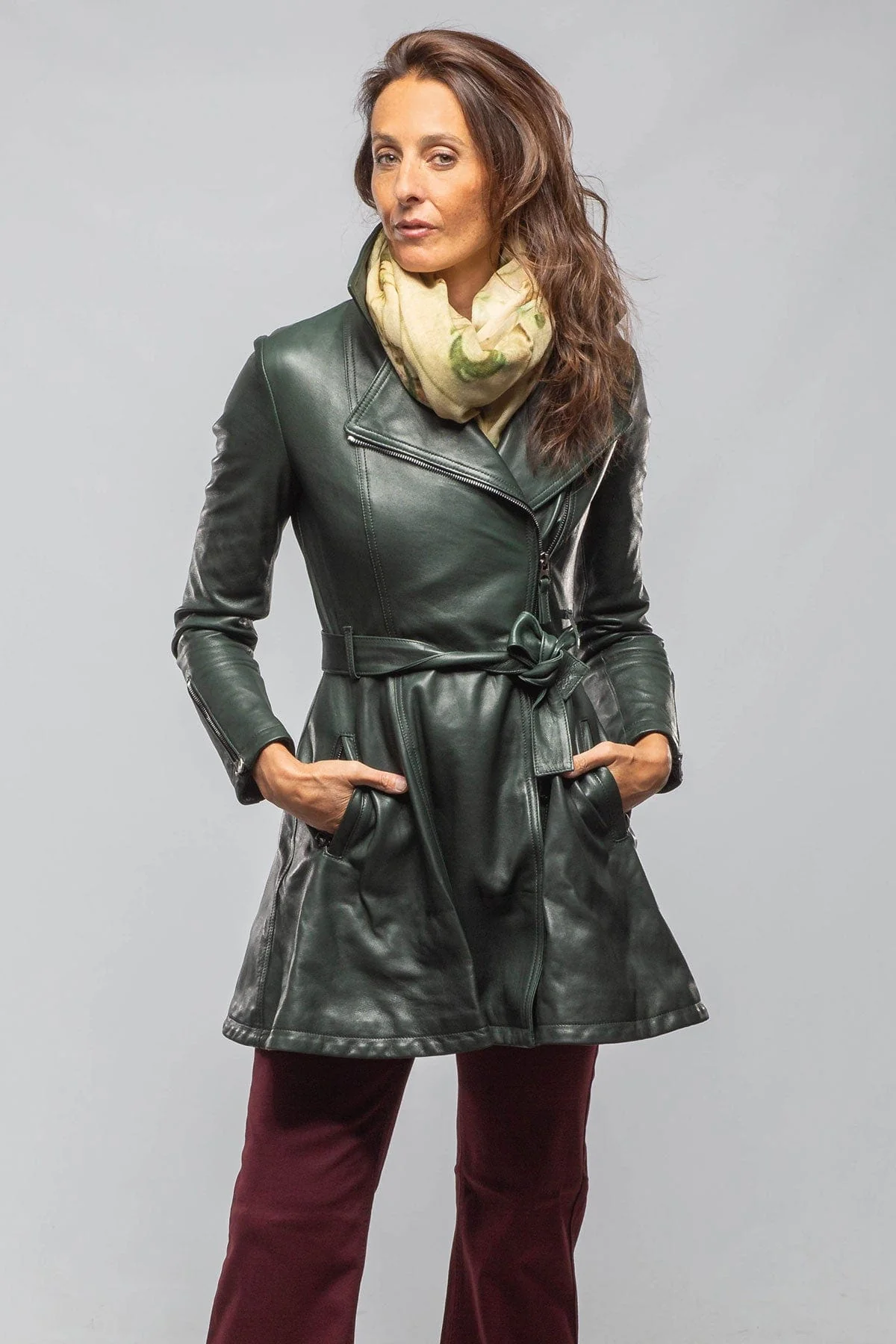 Mori Long Side Zip Leather Jacket In Charred Bottle Green - Image 2