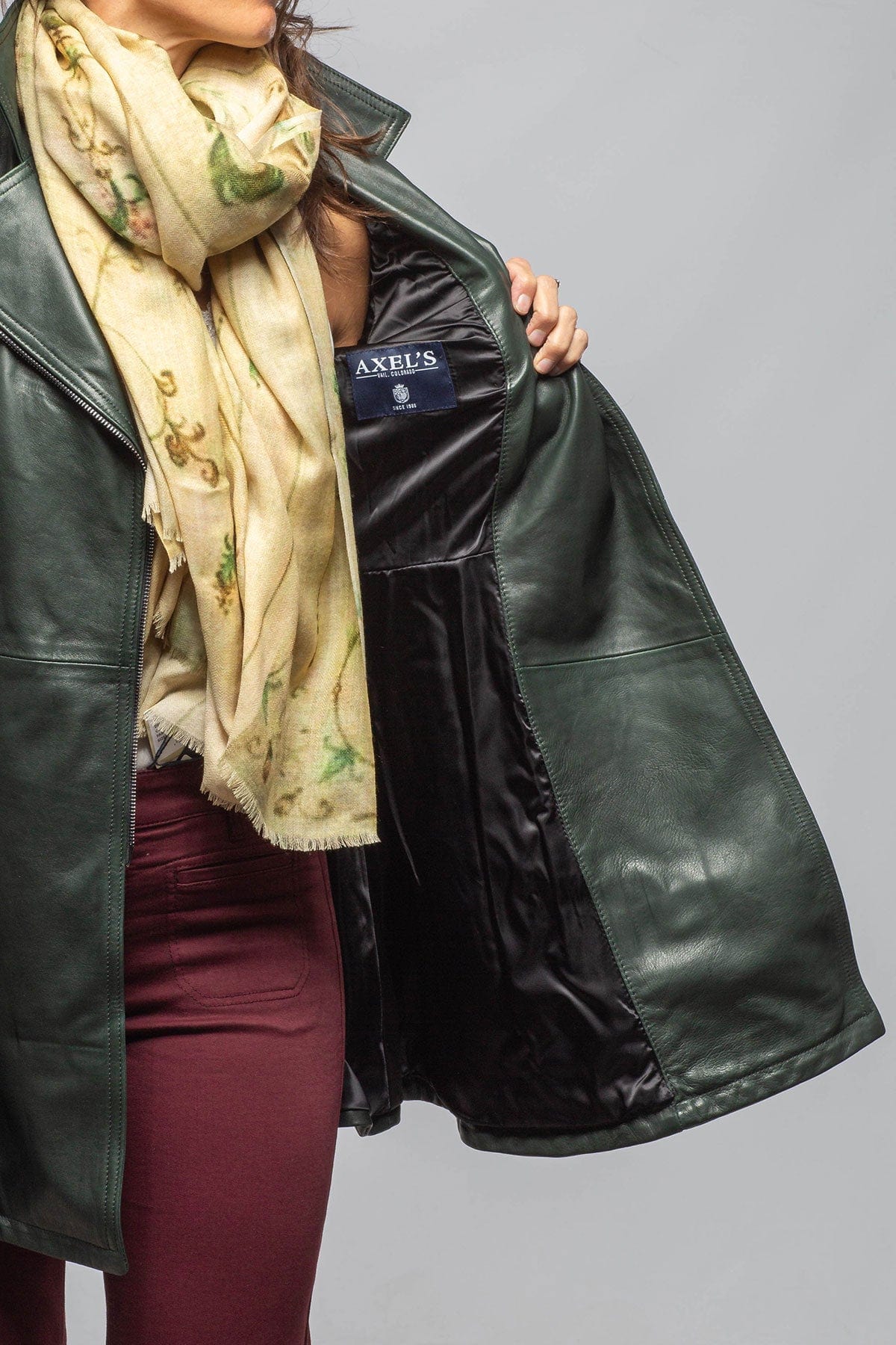 Mori Long Side Zip Leather Jacket In Charred Bottle Green - Image 3