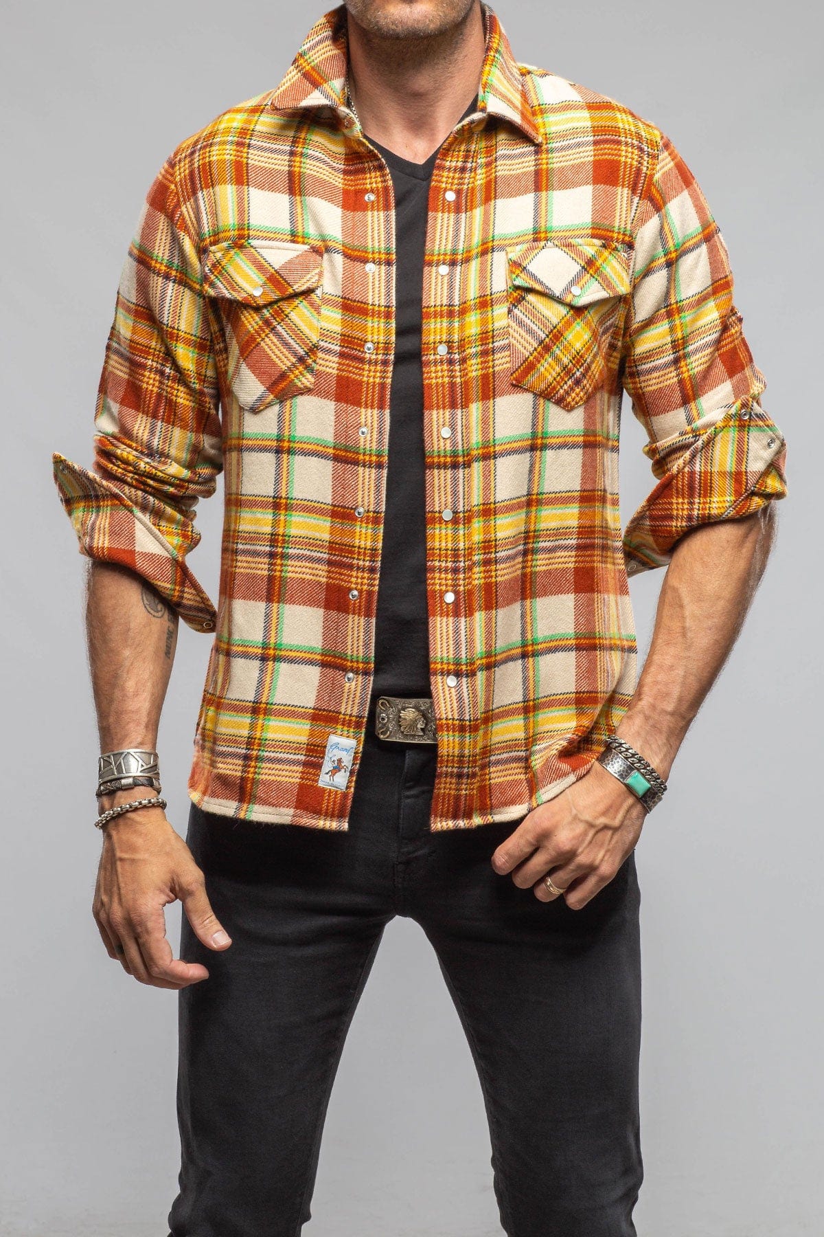 Cashmere Flannel Snap Shirt In Brick Yellow