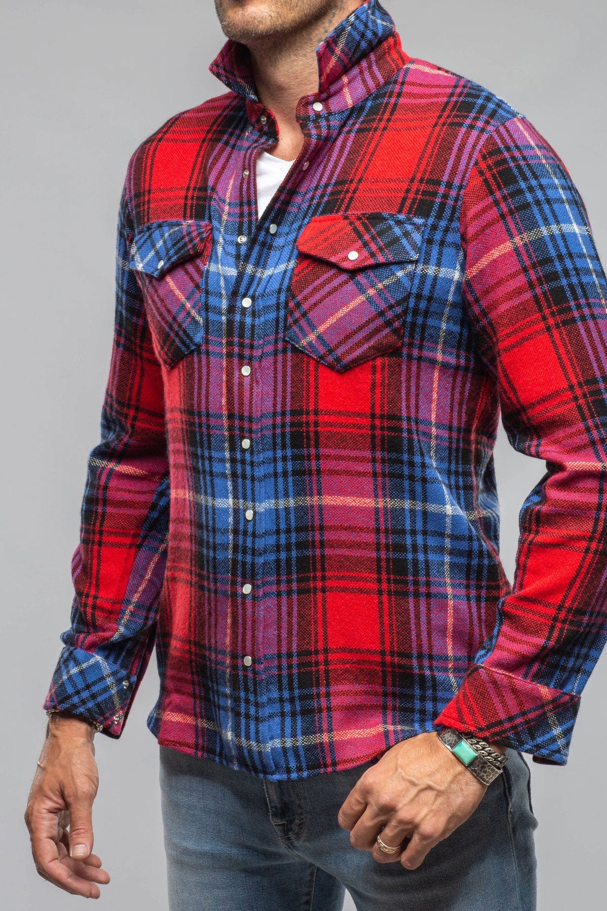 Cashmere Flannel Snap Shirt In Red Cobalt - Image 3