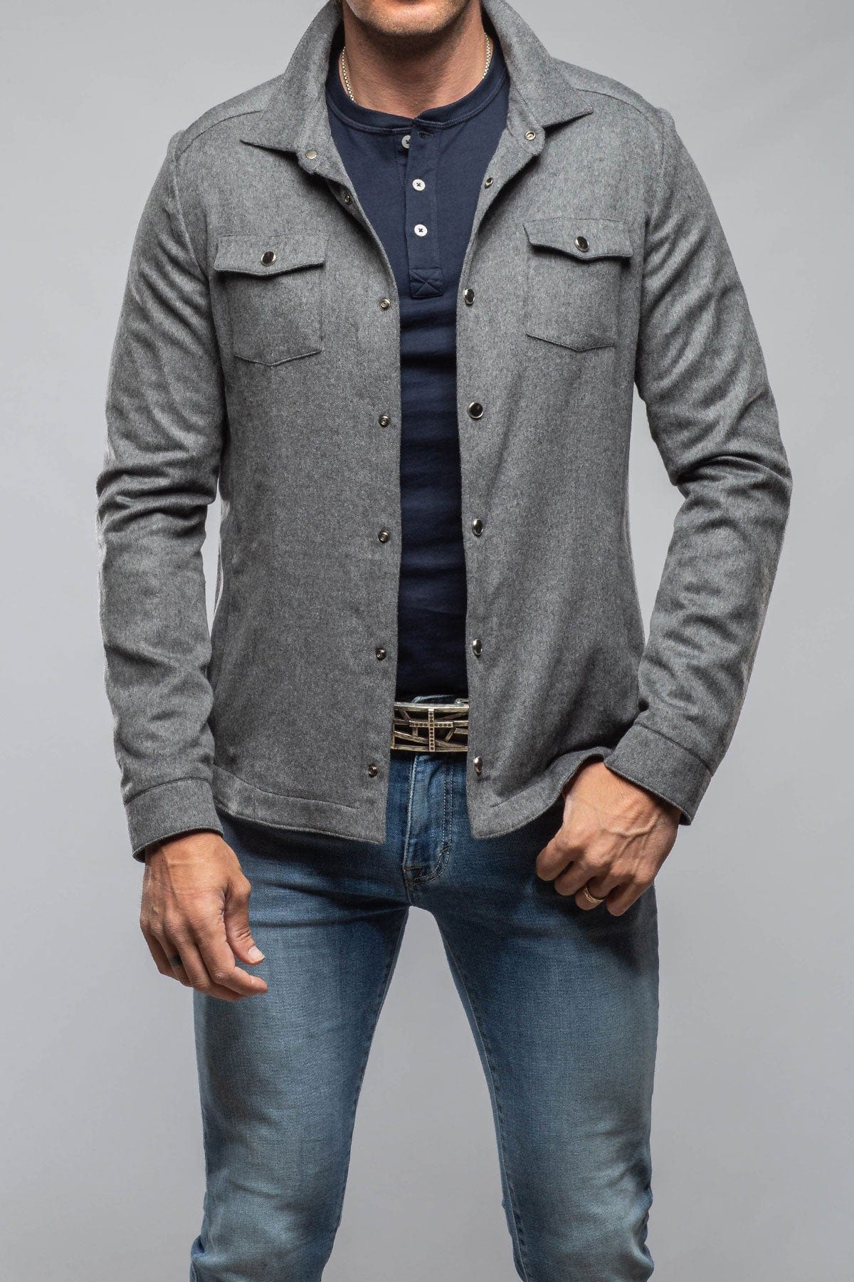 Ashford Lux Cashmere Silk Snap Shirt In Grey - Image 2