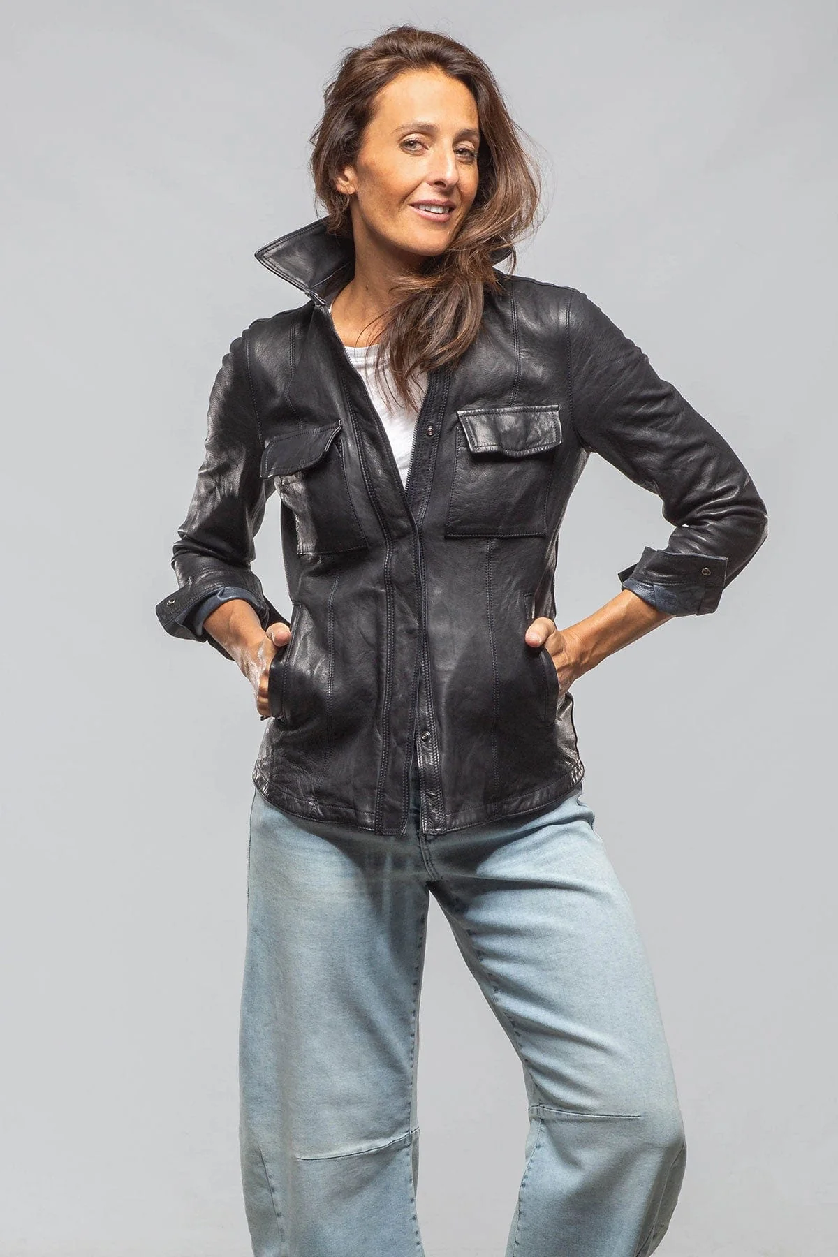 Niki Lambskin Leather Shirt In Charred Navy