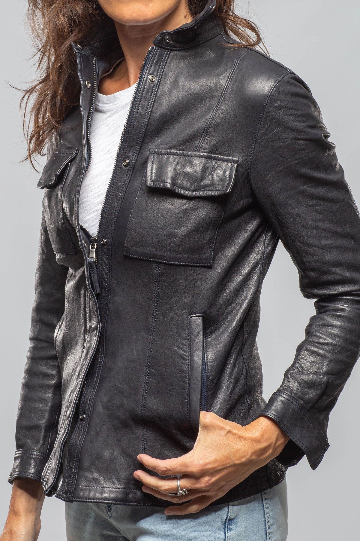 Niki Lambskin Leather Shirt In Charred Navy - Image 5
