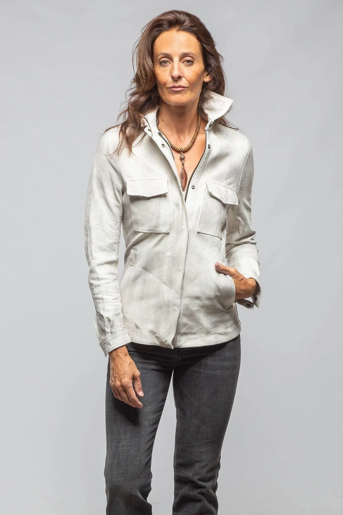 Niki Lambskin Leather Shirt In Plaster White