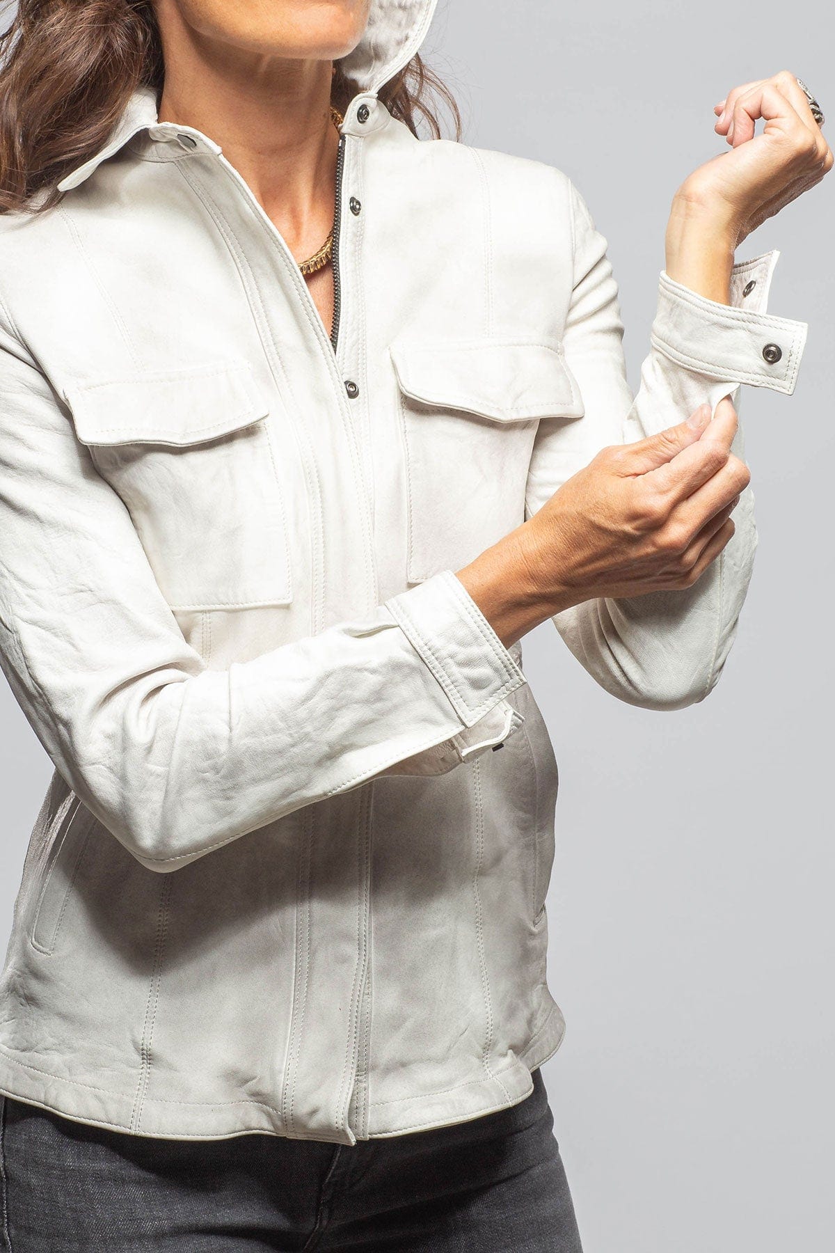 Niki Lambskin Leather Shirt In Plaster White - Image 3