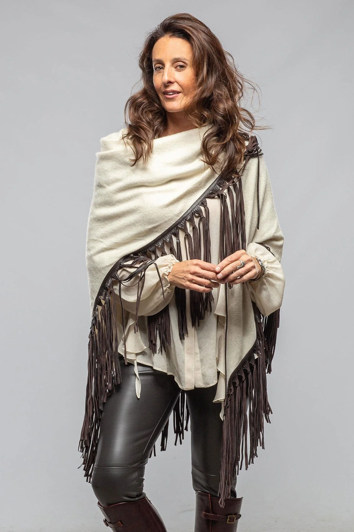 Ponderosa Cashmere Ecru Shawl W/ Chocolate Plonge Fringe - Image 2