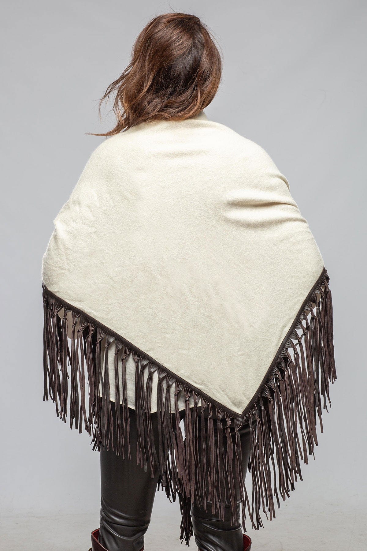 Ponderosa Cashmere Ecru Shawl W/ Chocolate Plonge Fringe - Image 4