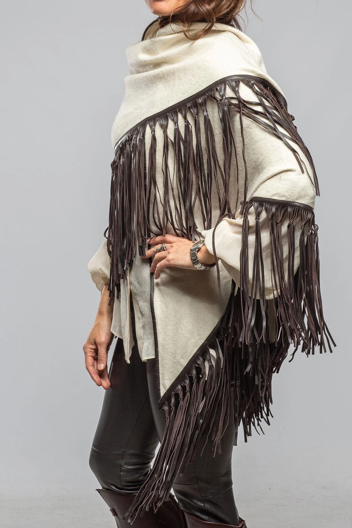 Ponderosa Cashmere Ecru Shawl W/ Chocolate Plonge Fringe - Image 5
