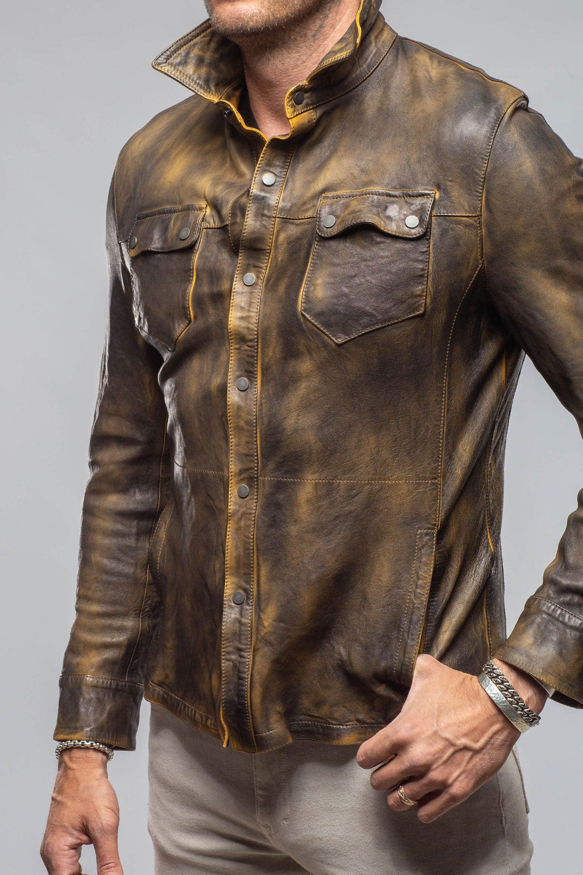 Railroad Rustic Leather Shirt Jacket In Burnished Toacco - Image 3