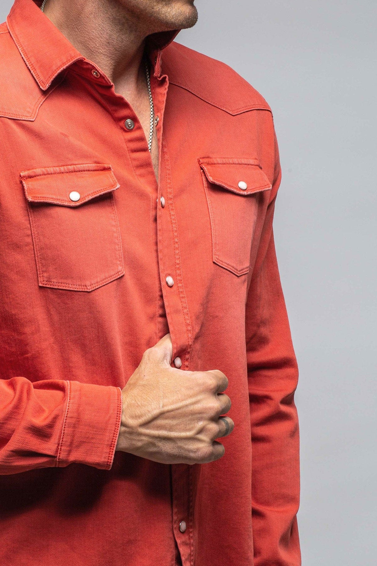 Ranger Colored Denim Snap Shirt In Corallo - Image 5