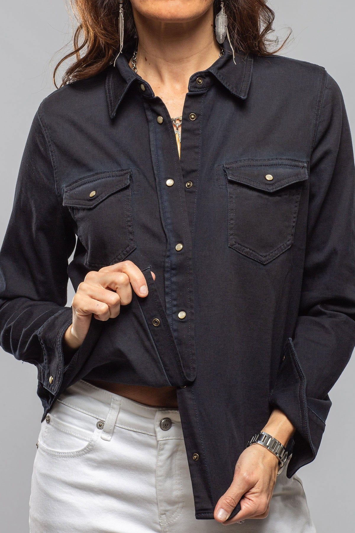 Ricky Western Chambray Shirt In Blue/Black Overdye - Image 6