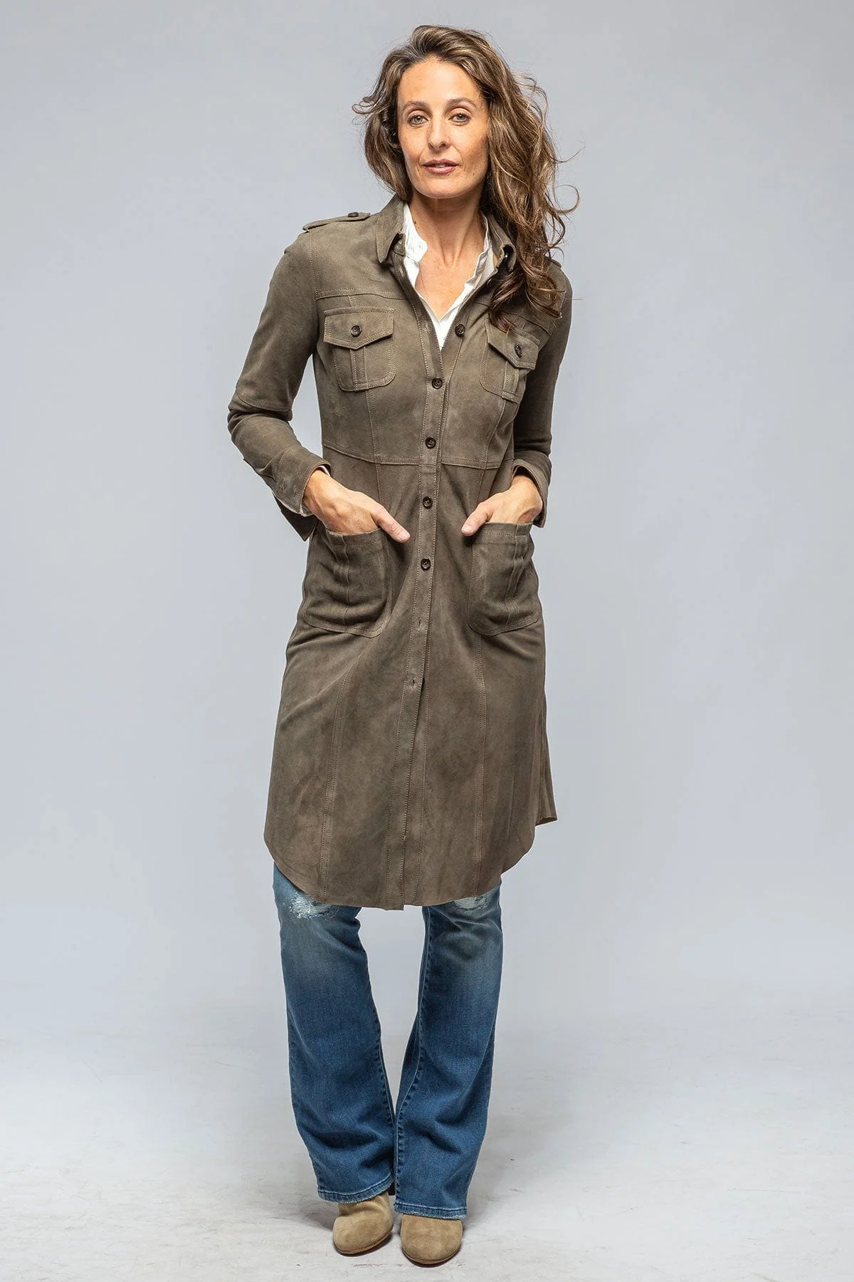 Savannah Long Leather Shirt/Dress in Stone - Image 2