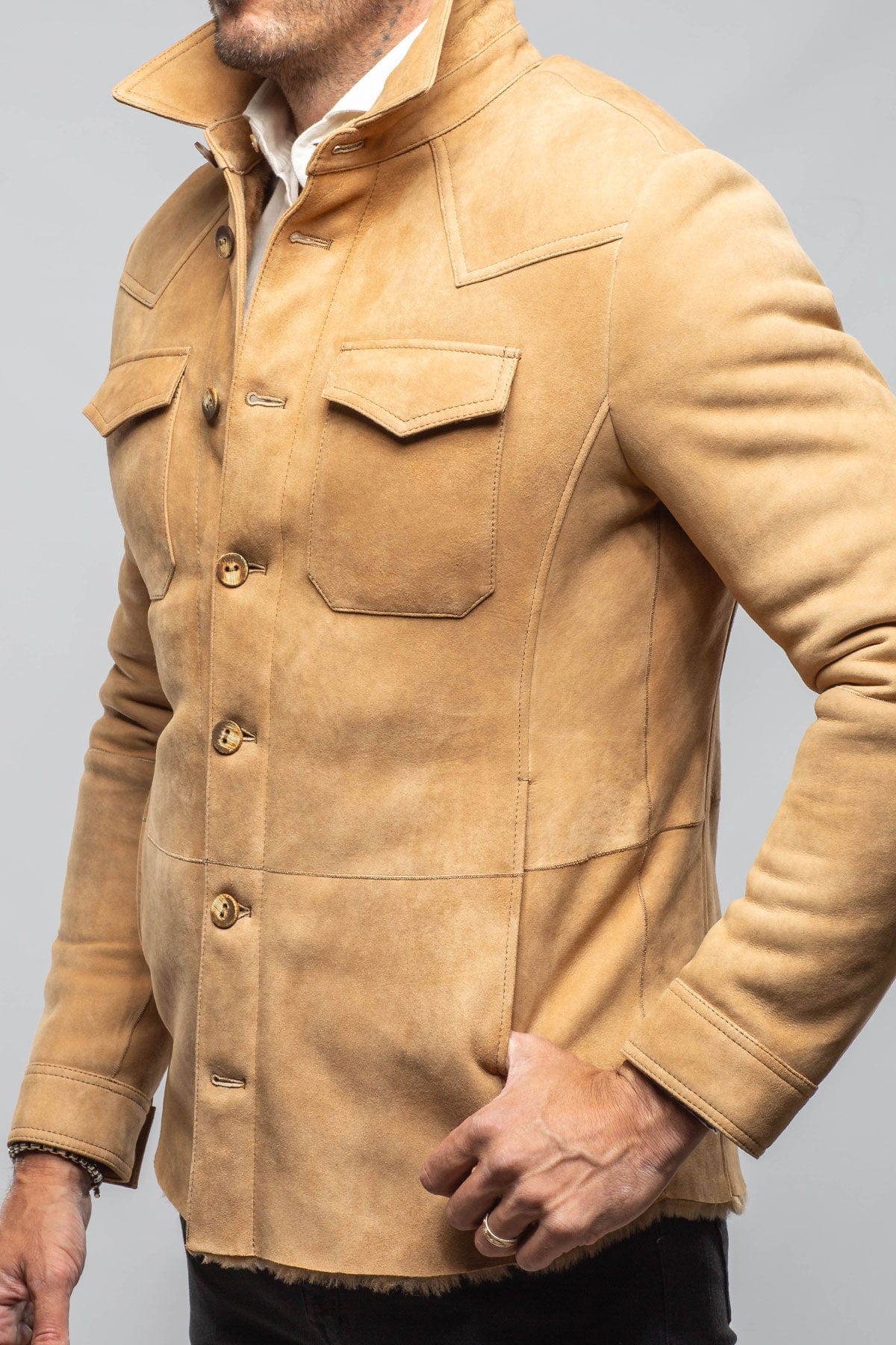 AW Shearling Shirt Jacket In Anticato - Image 3