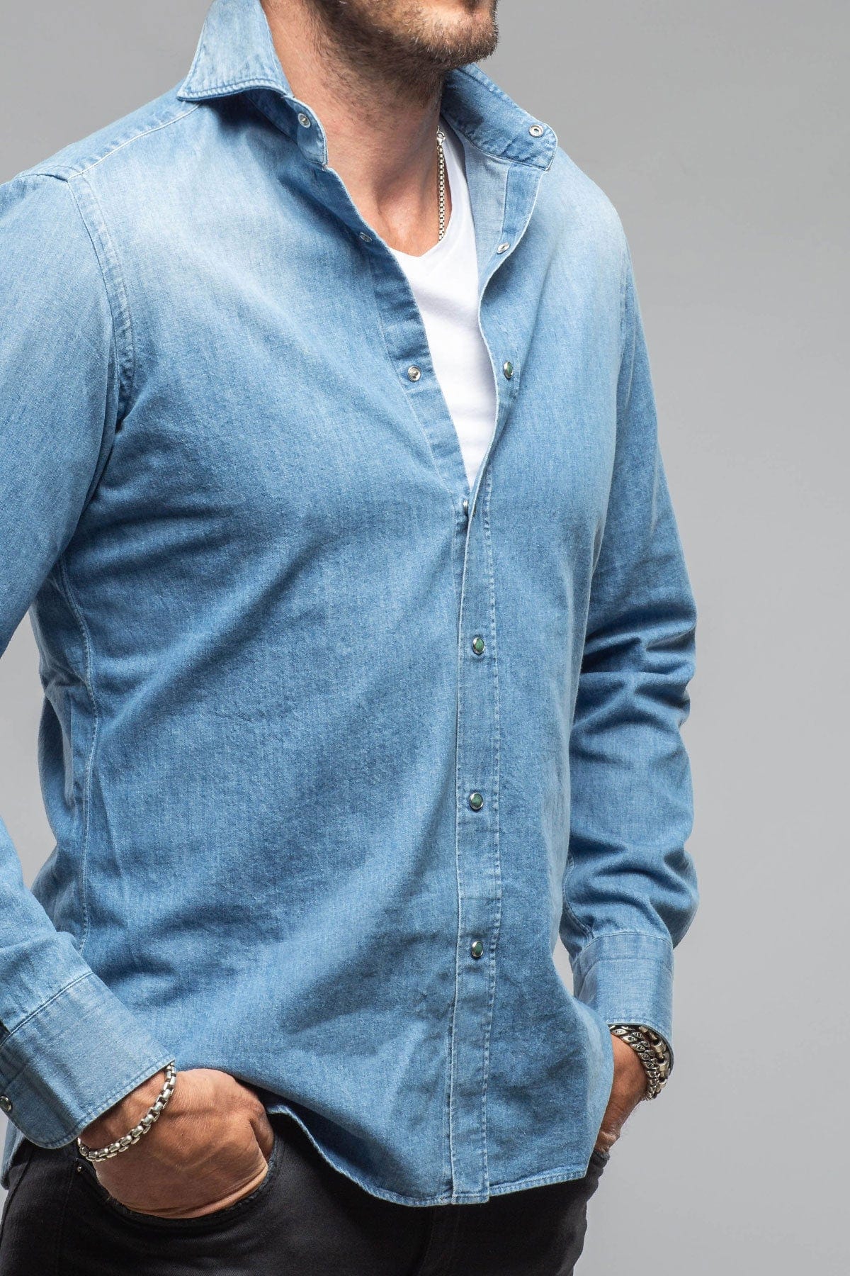 Sunset Denim Washed Snap Shirt In Bleached Blue - Image 4