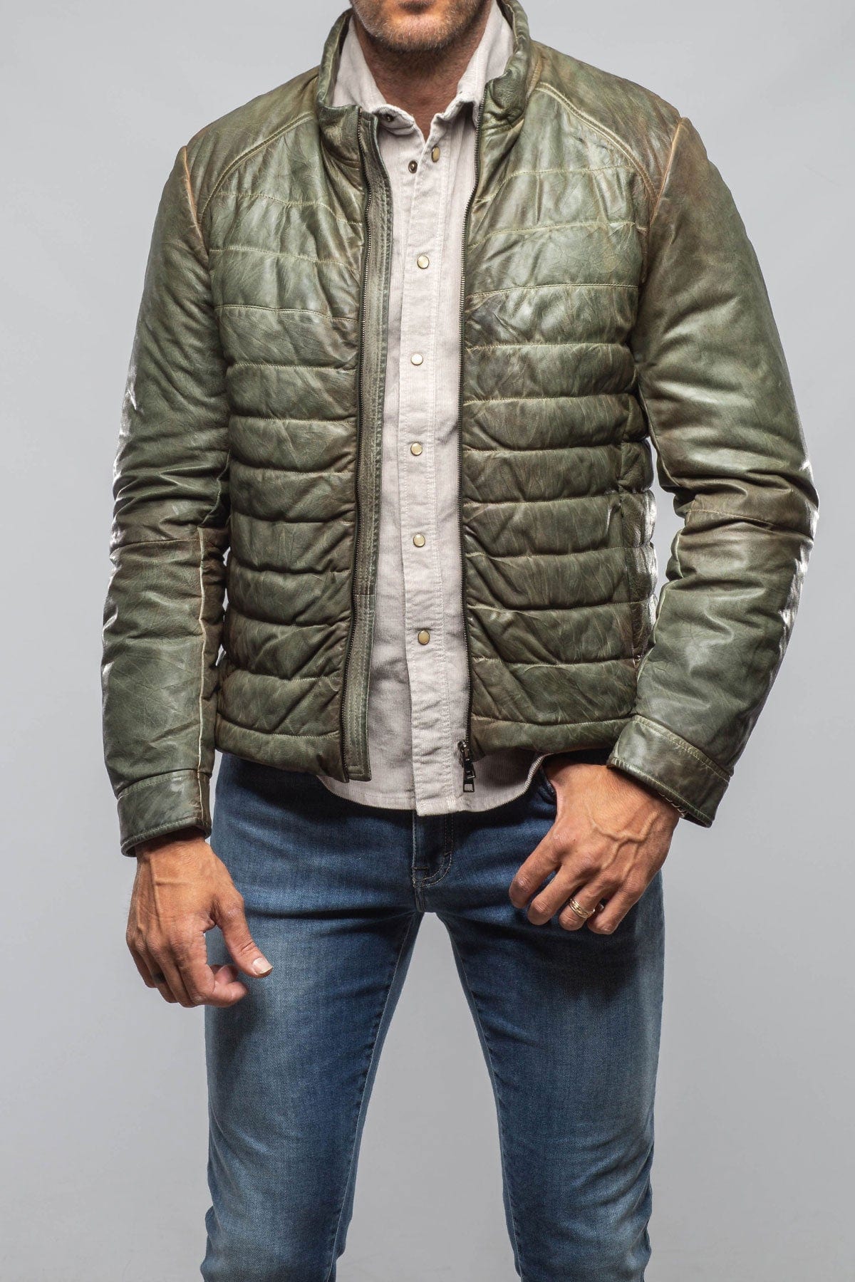 Vintage Leather Quilted Jacket In Military - Image 2