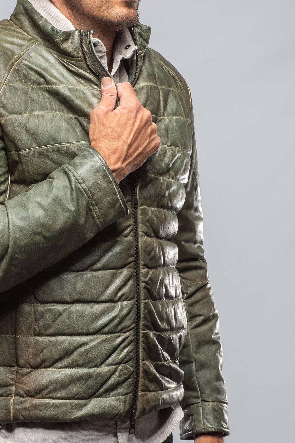Vintage Leather Quilted Jacket In Military - Image 4