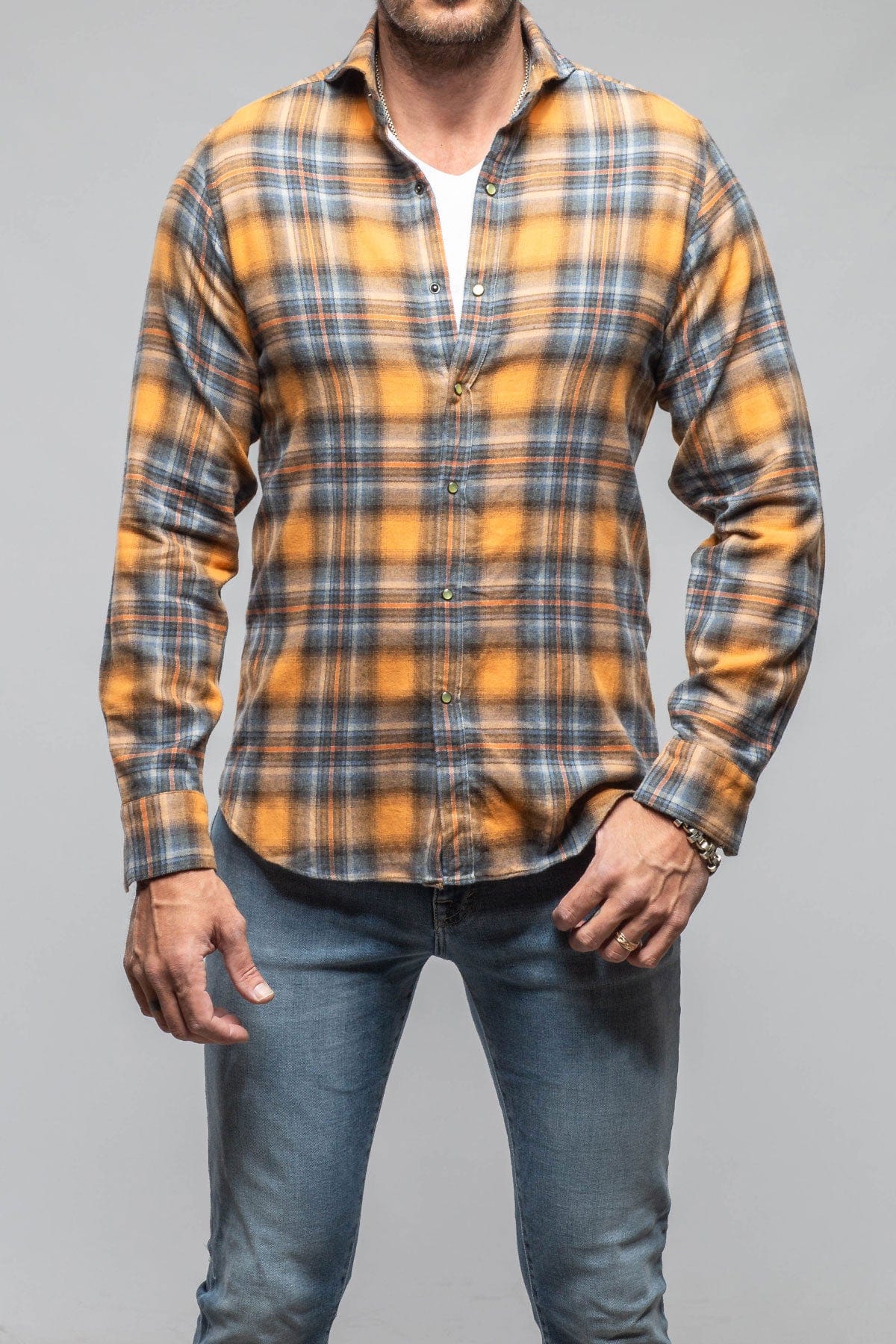 Sunbeam Cotton Check Snap Shirt In Orange Blue - Image 2