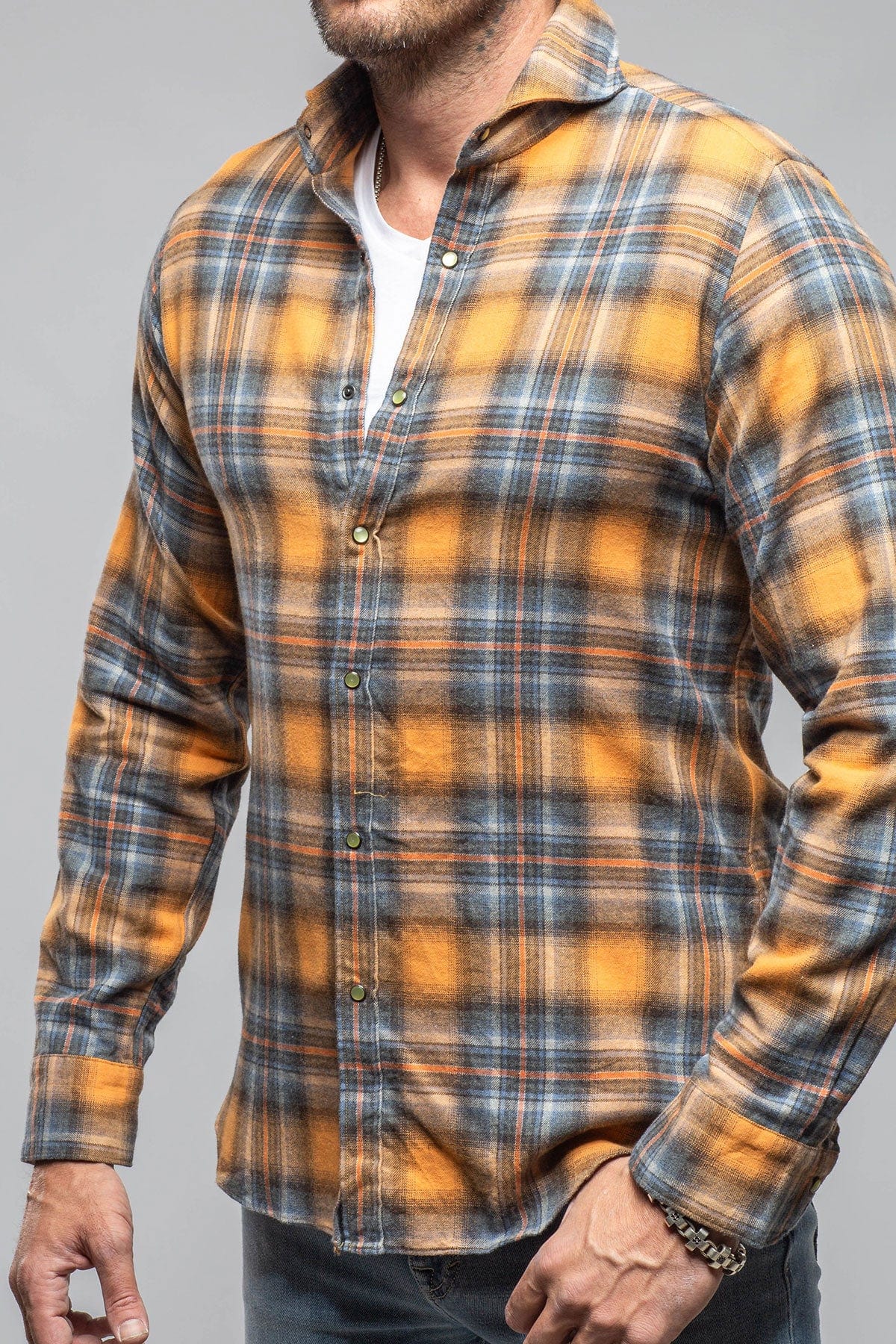 Sunbeam Cotton Check Snap Shirt In Orange Blue - Image 3