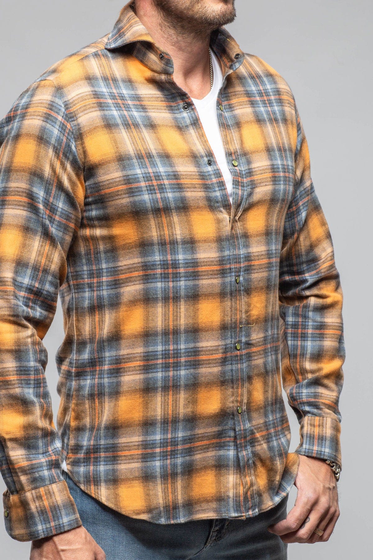 Sunbeam Cotton Check Snap Shirt In Orange Blue - Image 4