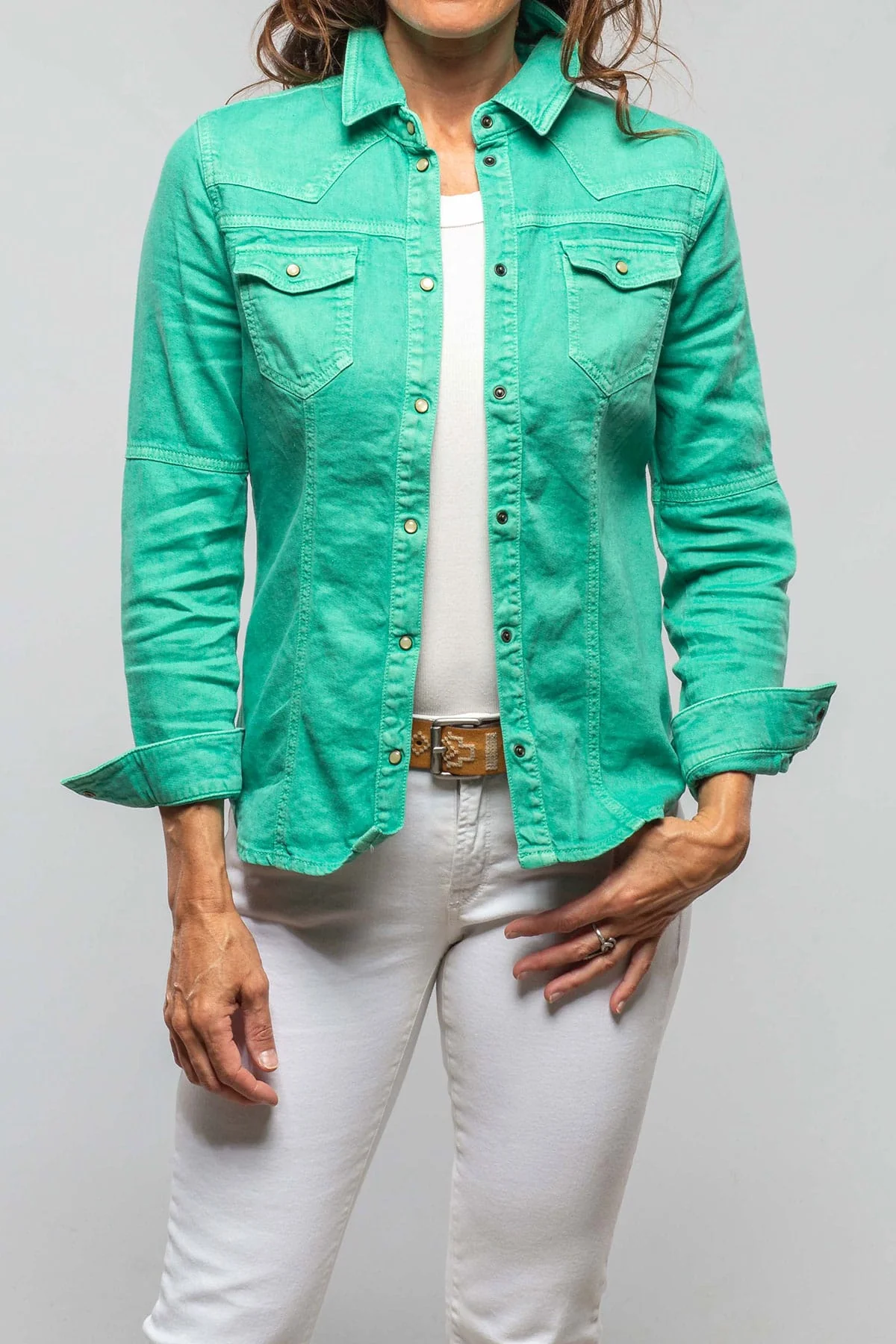 Yarmony Linen-Cotton Snap Shirt In Kingman Turquoise - Image 3
