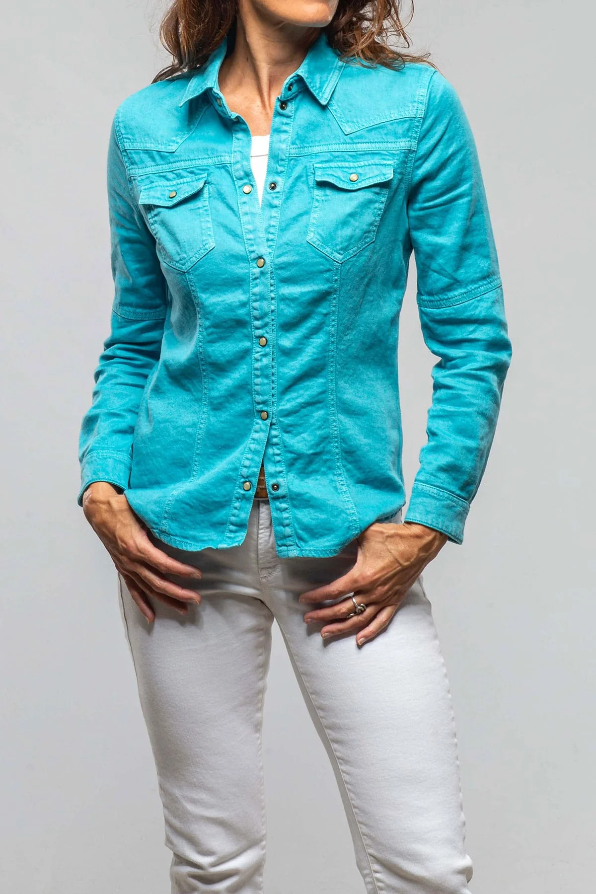 Yarmony Linen-Cotton Snap Shirt In Turquoise