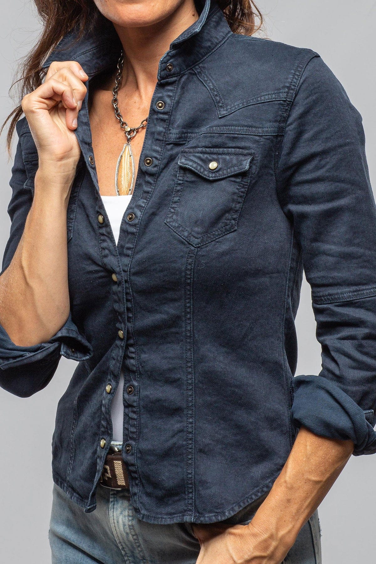 Yarmony Linen-Cotton Snap Shirt In Blu Di Prussia - Image 5